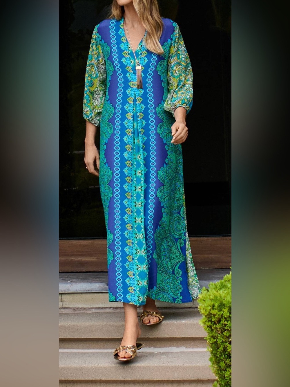 Johnny Was Kahinu 100% Silk Maxi Dress Kaftan Blue Green Floral XS NEW - Picture 1 of 14